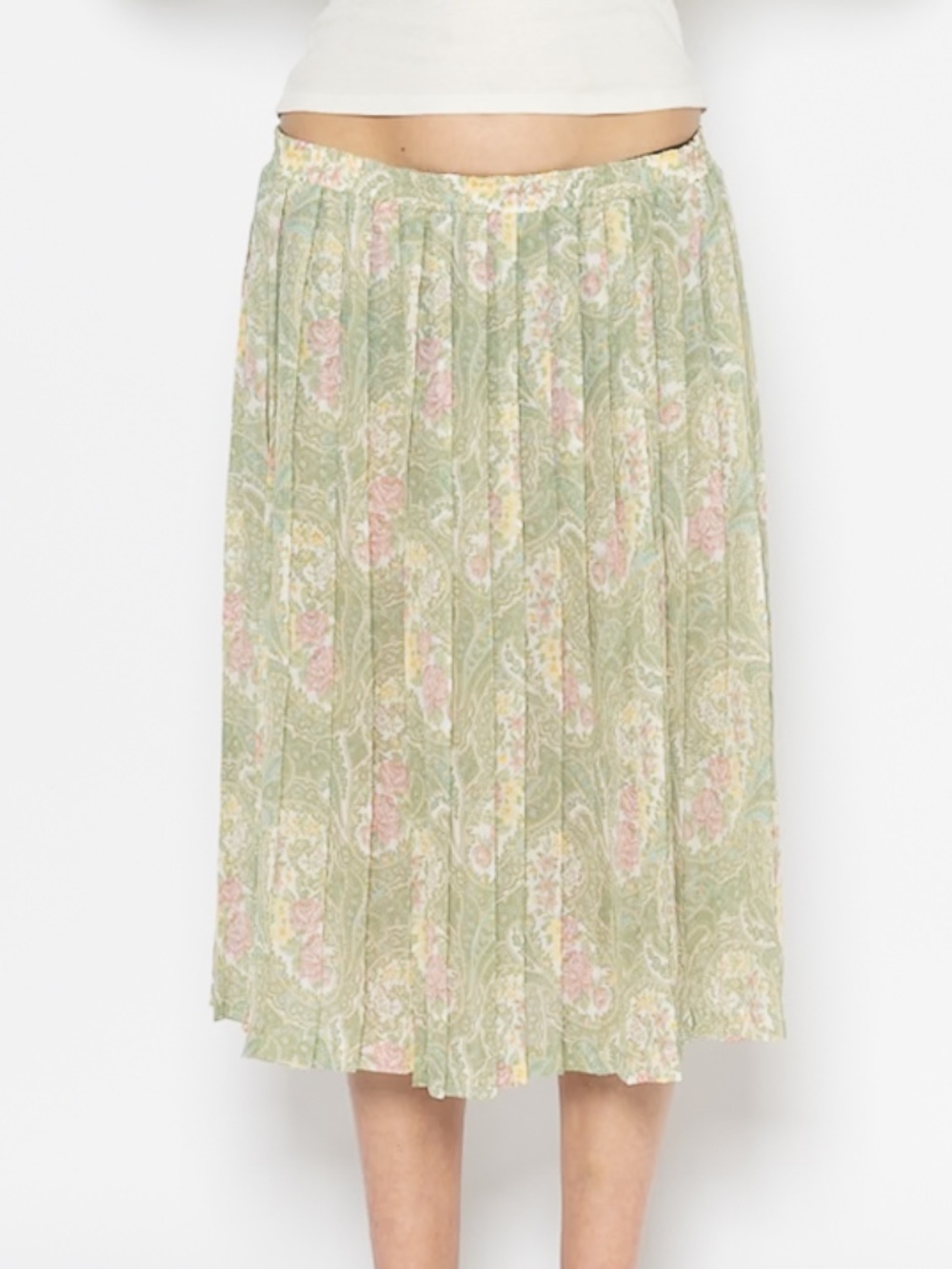 Vintage 80s flower print midi skirt green mesh pleated alfred dunner size 16